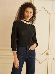 Love & Roses Black 3D Flower Trim Pointelle Jumper - Image 1 of 4