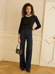 Love & Roses Black 3D Flower Trim Pointelle Jumper - Image 3 of 4