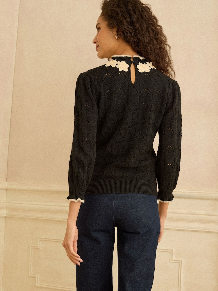 Love & Roses Black 3D Flower Trim Pointelle Jumper - Image 4 of 4 Love & Roses Black 3D Flower Trim Pointelle Jumper - Image 4 of 4