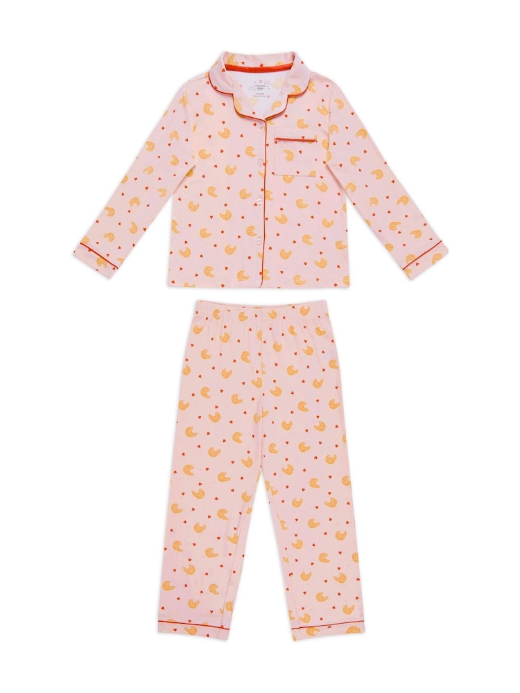 Chelsea Peers Pink Kids Croissant Print Long Pyjamas Set - Image 1 of 3 Chelsea Peers Pink Kids Croissant Print Long Pyjamas Set - Image 1 of 3