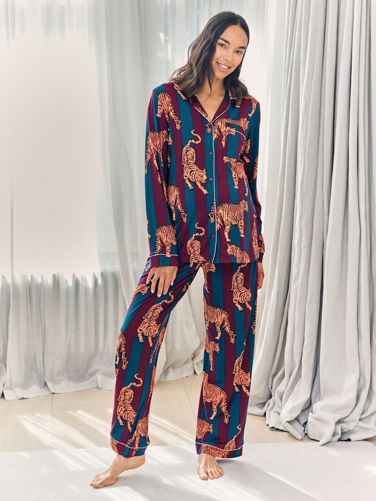 Chelsea Peers Red Maternity Tiger Stripe Print Long Pyjamas Set - Image 1 of 6 Chelsea Peers Red Maternity Tiger Stripe Print Long Pyjamas Set - Image 1 of 6