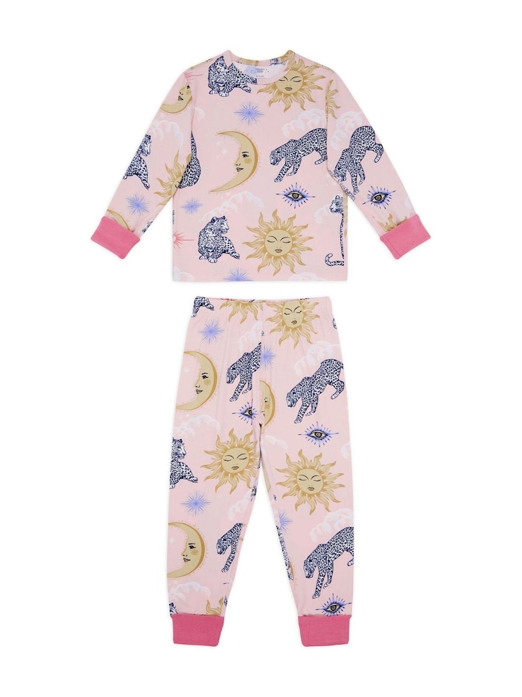 Chelsea Peers Pink Kids Celestial Leopard Print Long Pyjamas Set - Image 1 of 3 Chelsea Peers Pink Kids Celestial Leopard Print Long Pyjamas Set - Image 1 of 3
