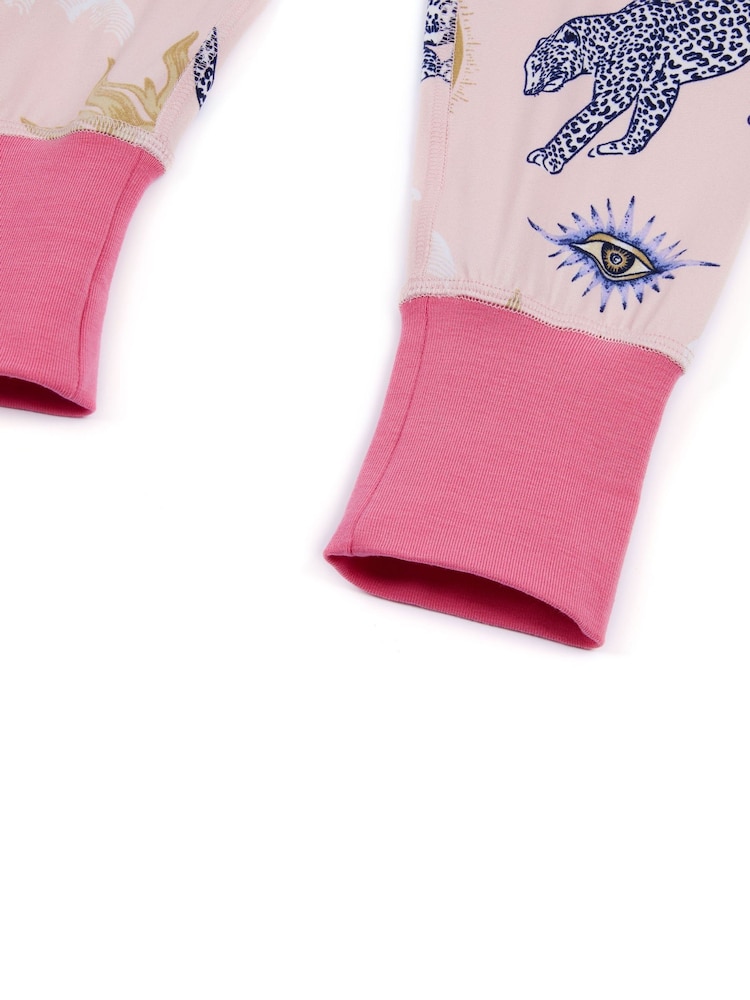 Chelsea Peers Pink Kids Celestial Leopard Print Long Pyjamas Set - Image 3 of 3 Chelsea Peers Pink Kids Celestial Leopard Print Long Pyjamas Set - Image 3 of 3