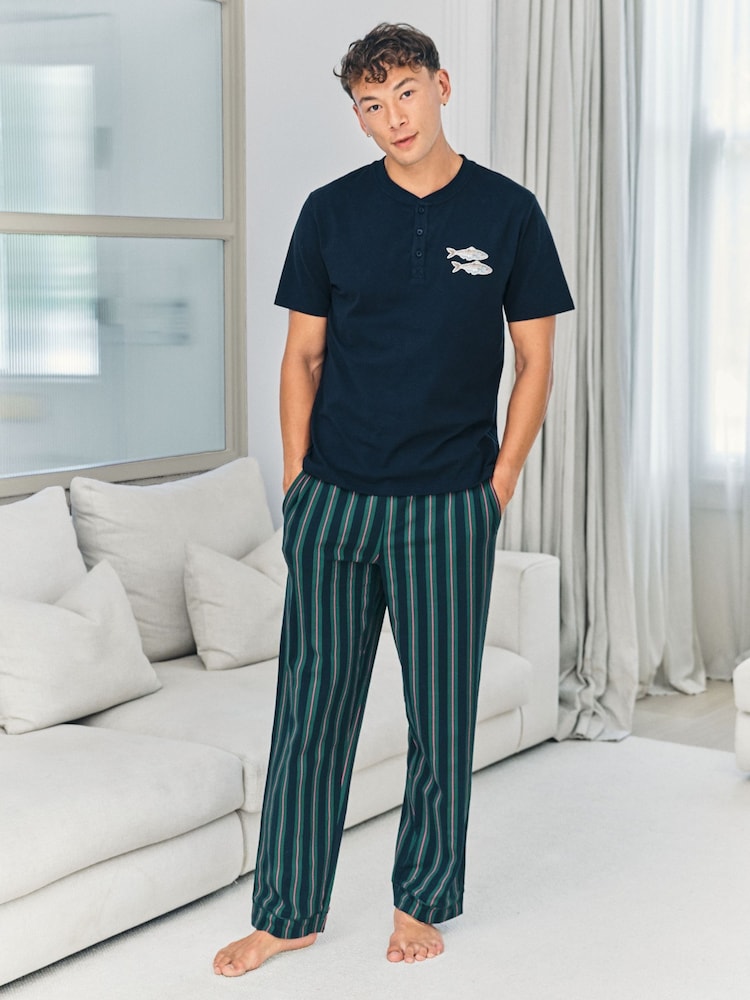 Chelsea Peers Blue Embroidered Fish Henley Stripe Long Pyjama Set - Image 1 of 7 Chelsea Peers Blue Embroidered Fish Henley Stripe Long Pyjama Set - Image 1 of 7