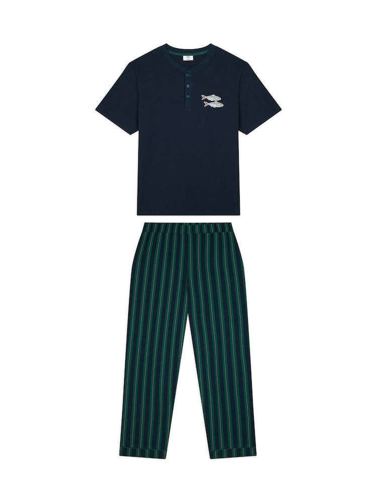 Chelsea Peers Blue Embroidered Fish Henley Stripe Long Pyjama Set - Image 7 of 7 Chelsea Peers Blue Embroidered Fish Henley Stripe Long Pyjama Set - Image 7 of 7
