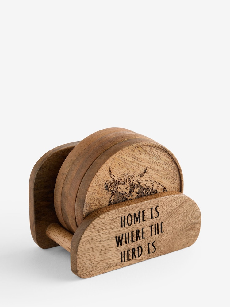Set of 4 Natural Hamish Wooden Coasters in Holder - Image 1 of 1 Set of 4 Natural Hamish Wooden Coasters in Holder - Image 1 of 1