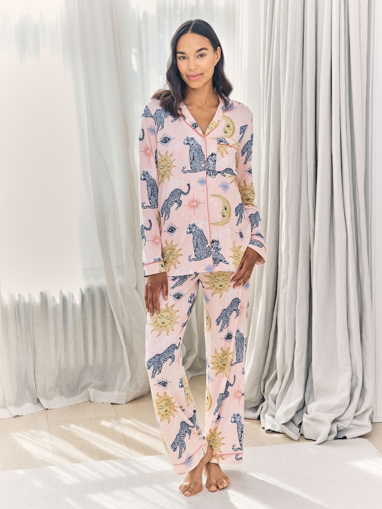 Chelsea Peers Pink Maternity Celestial Leopard Print Button Up Long Pyjamas Set - Image 1 of 6