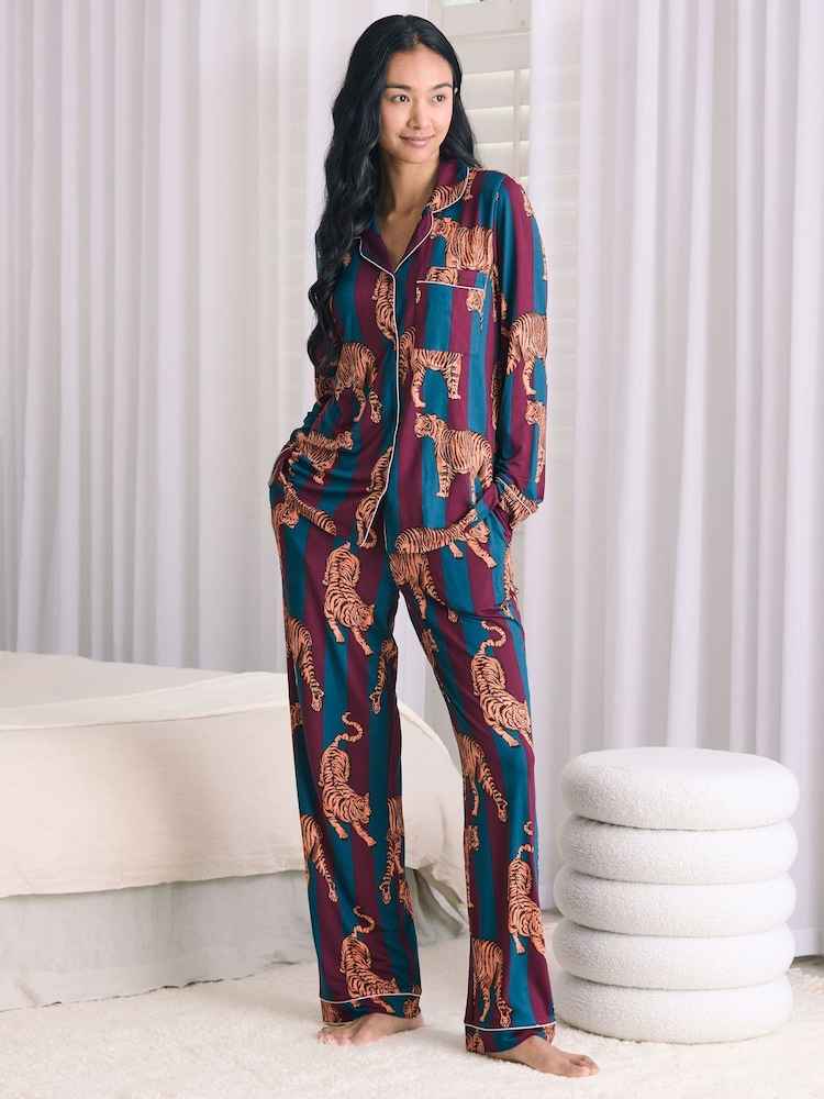 Chelsea Peers Red Tiger Stripe Print Long Pyjamas Set - Image 1 of 7