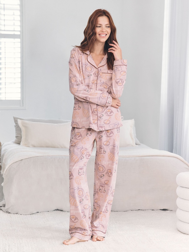 Chelsea Peers Pink Cotton Breakfast Print Long Pyjamas Set - Image 1 of 6 Chelsea Peers Pink Cotton Breakfast Print Long Pyjamas Set - Image 1 of 6