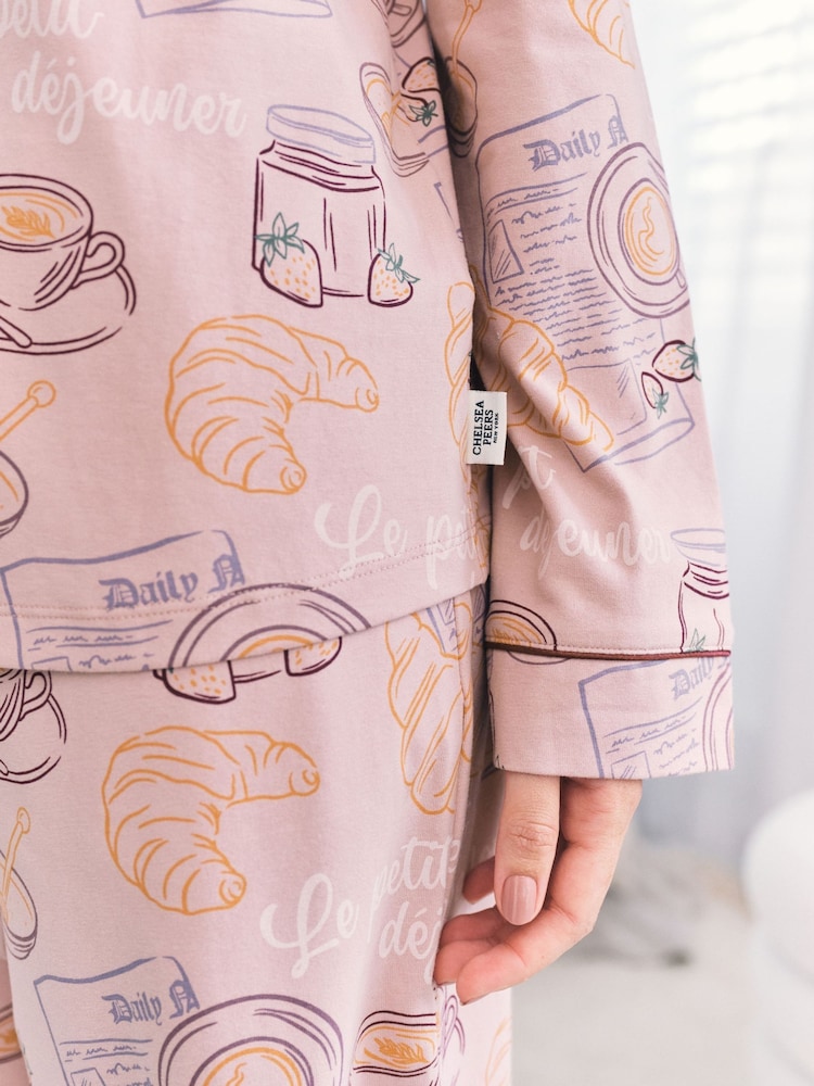 Chelsea Peers Pink Cotton Breakfast Print Long Pyjamas Set - Image 6 of 6