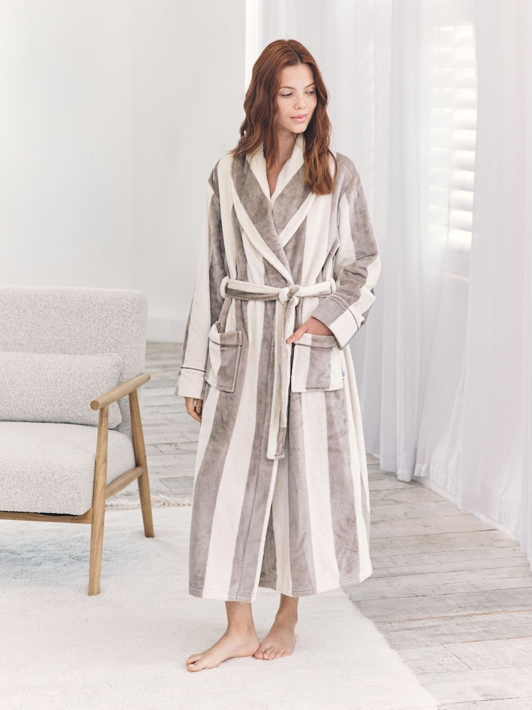 Chelsea Peers Brown Fleece Stripe Dressing Gown - Image 1 of 5 Chelsea Peers Brown Fleece Stripe Dressing Gown - Image 1 of 5