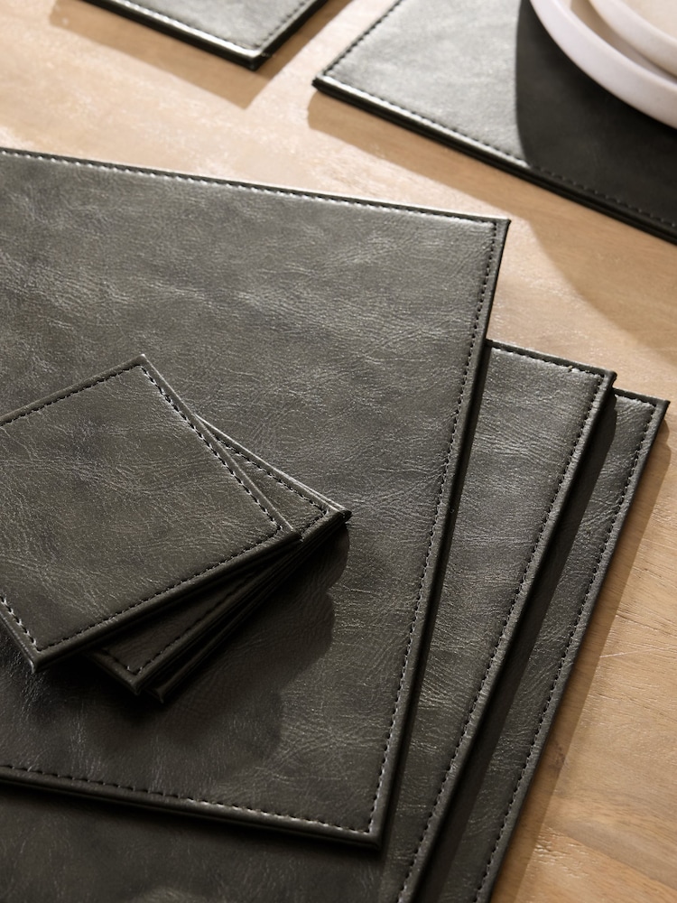 Set of 4 Black Textured Reversible Faux Leather Placemats and Coasters - Image 2 of 3