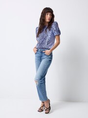 SCAMP & DUDE Blue Short Blouson Sleeve Top with Wild Leopard - Image 3 of 5