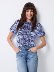 SCAMP & DUDE Blue Short Blouson Sleeve Top with Wild Leopard - Image 4 of 5