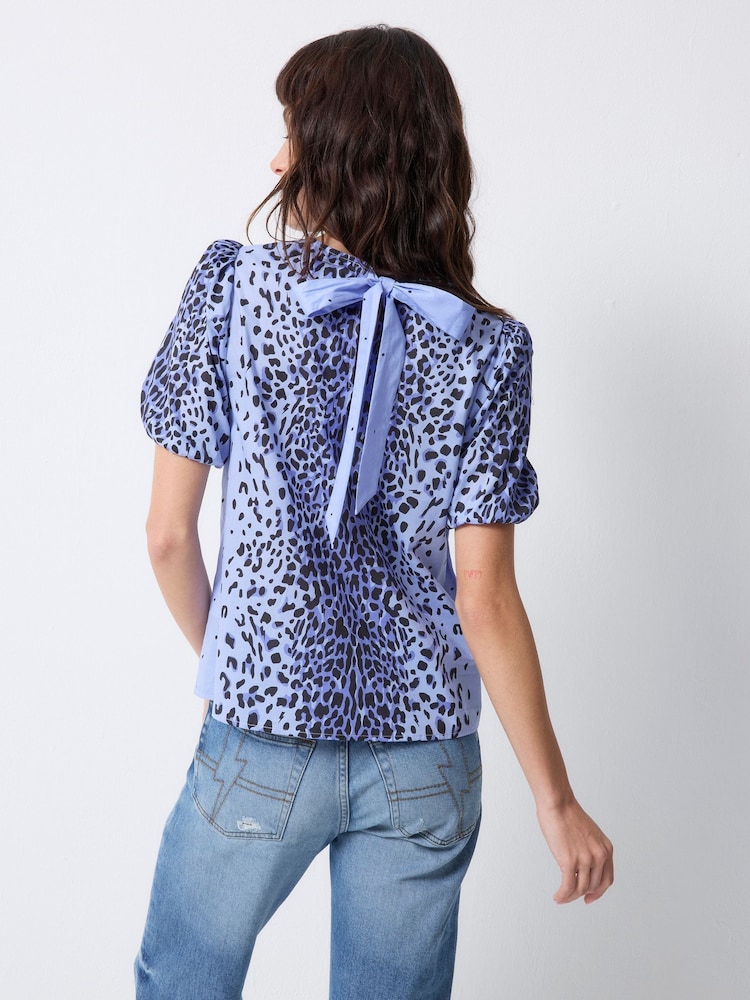 SCAMP & DUDE Blue Short Blouson Sleeve Top with Wild Leopard - Image 5 of 5