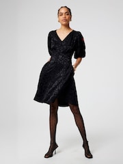 SCAMP & DUDE Black Puff Sleeve Short Tea Dress Leopard Jacquard - Image 1 of 5