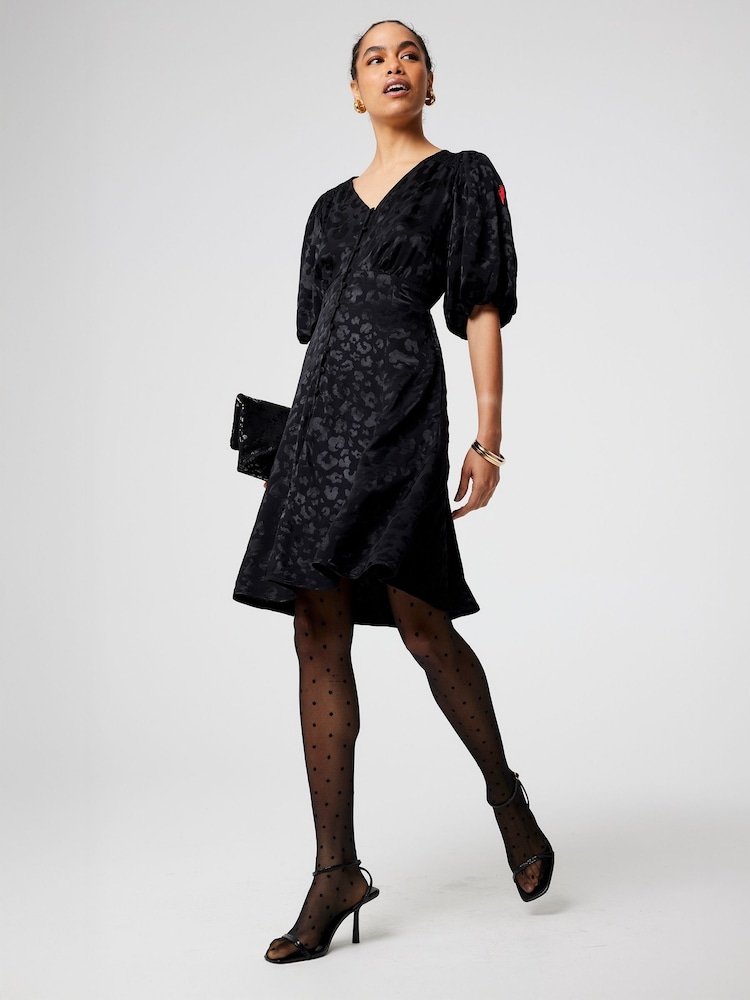 SCAMP & DUDE Black Puff Sleeve Short Tea Dress Leopard Jacquard - Image 2 of 5