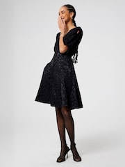 SCAMP & DUDE Black Puff Sleeve Short Tea Dress Leopard Jacquard - Image 3 of 5
