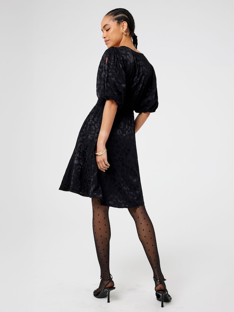SCAMP & DUDE Black Puff Sleeve Short Tea Dress Leopard Jacquard - Image 5 of 5