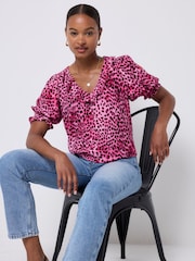 SCAMP & DUDE Pink Ruffle V-Neck Blouse Cheetah - Image 2 of 5