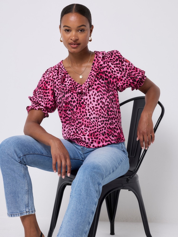 SCAMP & DUDE Pink Ruffle V-Neck Blouse Cheetah - Image 2 of 5