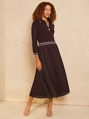 Love & Roses Chocolate Brown Collared Knit Woven Mix Midi Dress - Image 1 of 4