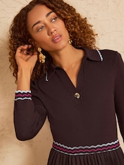 Love & Roses Chocolate Brown Collared Knit Woven Mix Midi Dress - Image 2 of 4