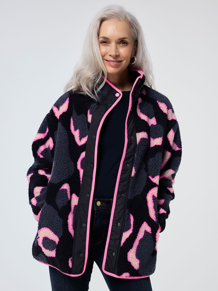 SCAMP & DUDE Blue Funnel Neck Button Through Fleece Jacket Mega Shadow Leopard & Lightning Bolt - Image 1 of 5