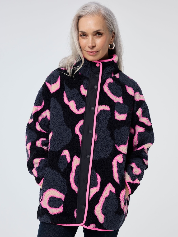 SCAMP & DUDE Blue Funnel Neck Button Through Fleece Jacket Mega Shadow Leopard & Lightning Bolt - Image 2 of 5 SCAMP & DUDE Blue Funnel Neck Button Through Fleece Jacket Mega Shadow Leopard & Lightning Bolt - Image 2 of 5