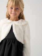 Miss Bubble Hem Satin Dress Faux Fur Cardigan and Bow Clip Set - Image 3 of 6