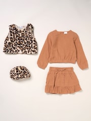 Miss Faux Fur Gilet Beret Muslin Brown Top and Skirt Set - Image 1 of 7