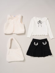 Miss Faux Fur White Gilet Bag Rib Top and Skirt Set - Image 1 of 6