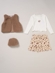 Miss Faux Fur Gilet Beret Rib Brown Top and Skirt Set - Image 1 of 7