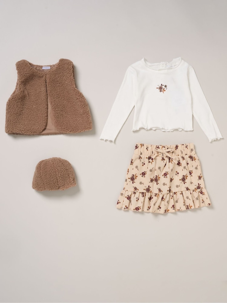 Miss Faux Fur Gilet Beret Rib Brown Top and Skirt Set - صورة 1 من 7 Miss Faux Fur Gilet Beret Rib Brown Top and Skirt Set - صورة 1 من 7
