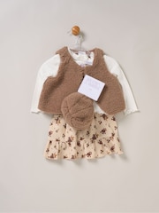Miss Faux Fur Gilet Beret Rib Brown Top and Skirt Set - Image 2 of 7
