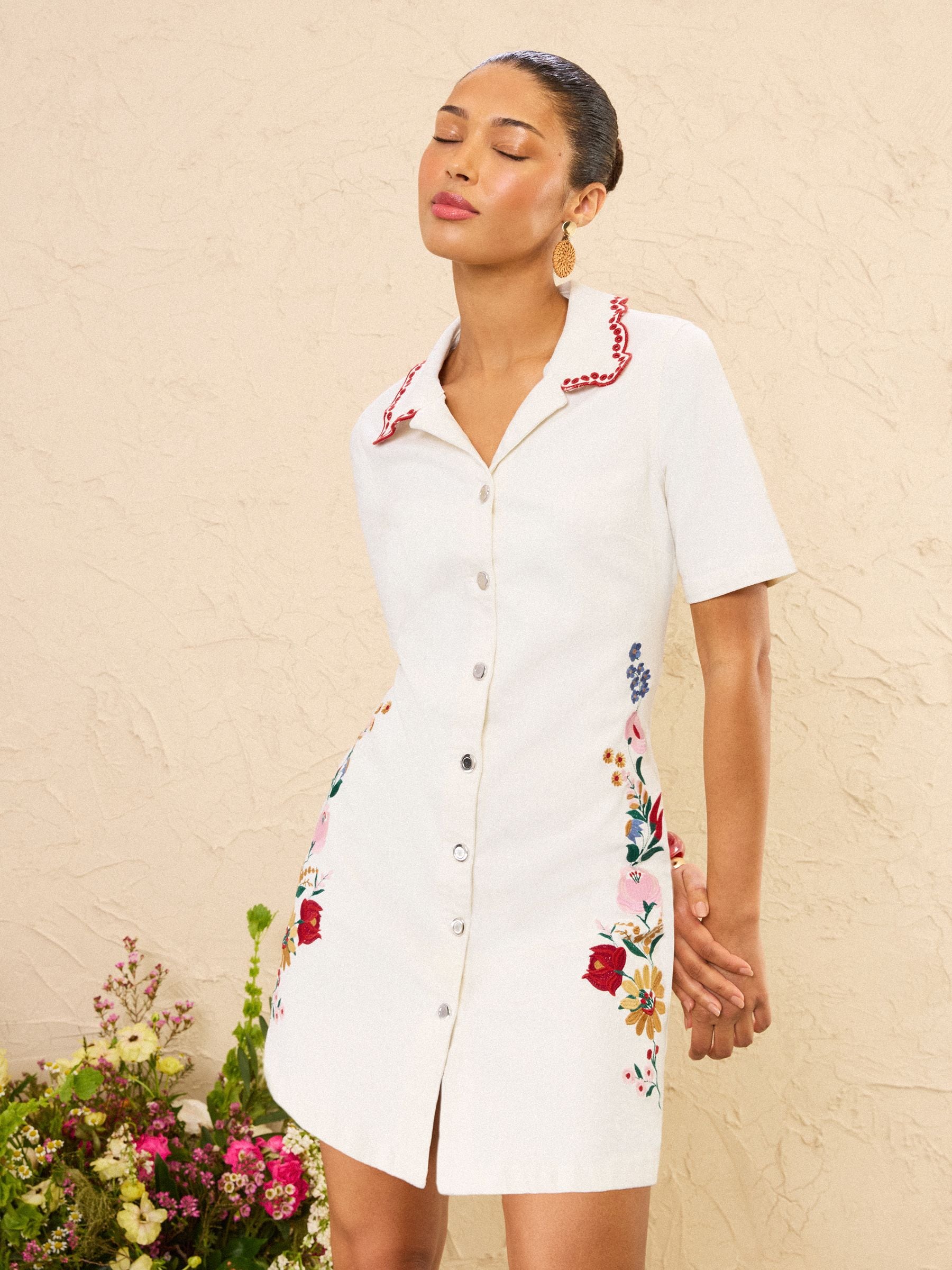 Love & Roses x RHS ecru embroidered floral Shift Dress