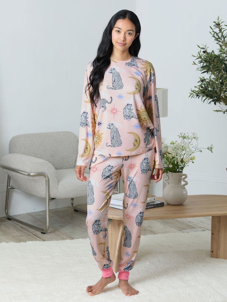 Chelsea Peers Pink Celestial Leopard Print Long Pyjamas Set - Image 1 of 8