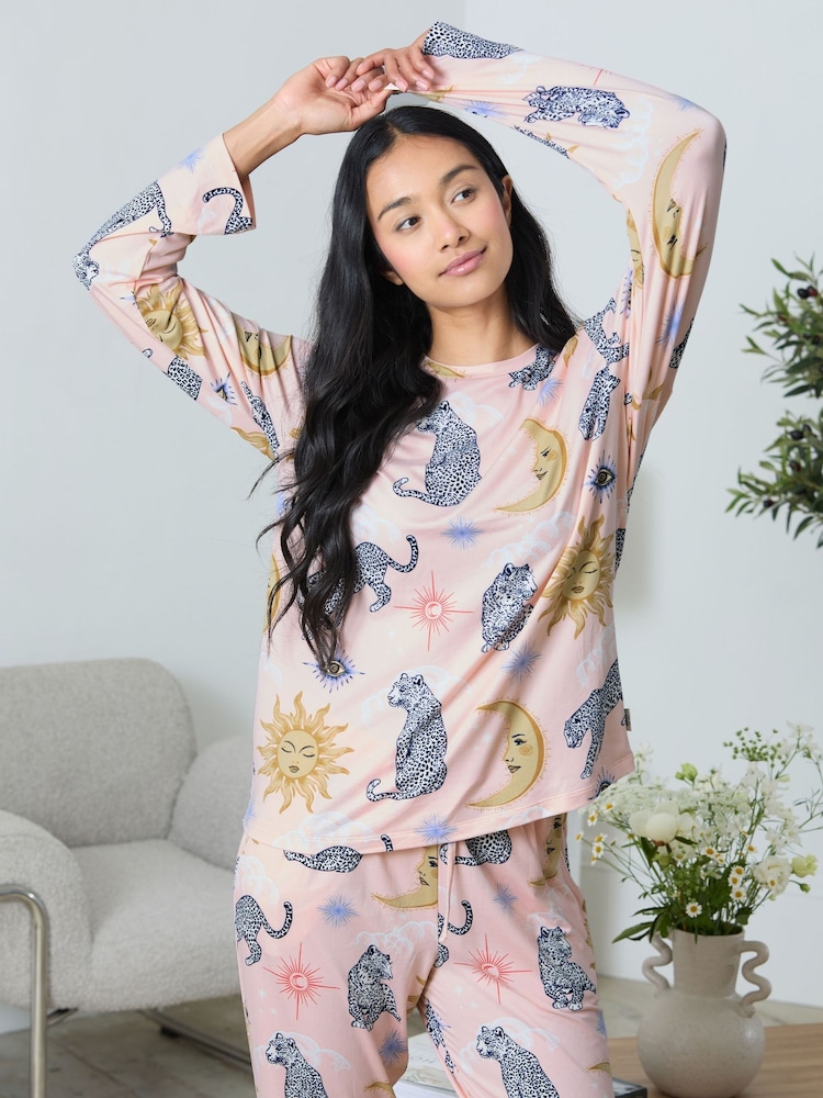 Chelsea Peers Pink Celestial Leopard Print Long Pyjamas Set - Image 2 of 8 Chelsea Peers Pink Celestial Leopard Print Long Pyjamas Set - Image 2 of 8