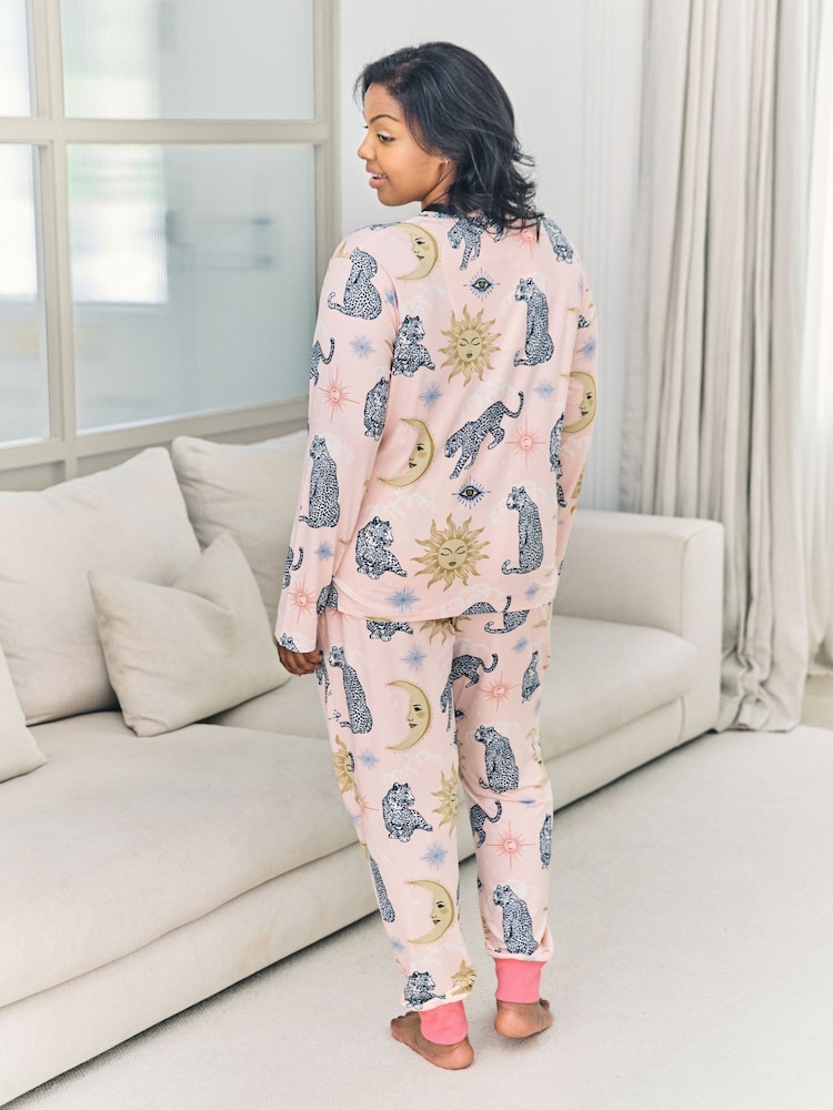 Chelsea Peers Pink Celestial Leopard Print Long Pyjamas Set - Image 8 of 8 Chelsea Peers Pink Celestial Leopard Print Long Pyjamas Set - Image 8 of 8