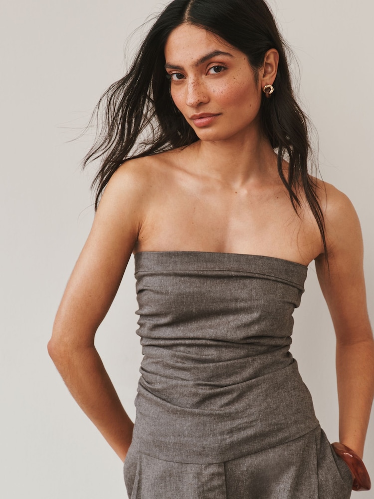 Brown Linen Rich Ruched Bandeau Top - Image 1 of 7