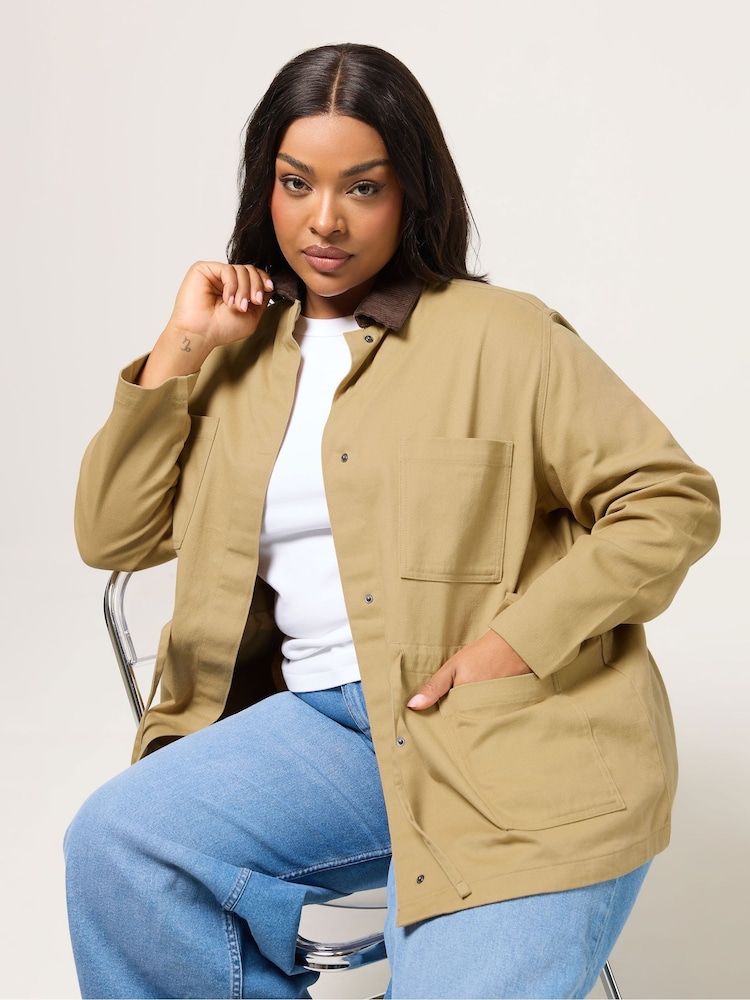 Yours Curve Brown Cord Collar Carpenter Jacket - Image 1 of 5