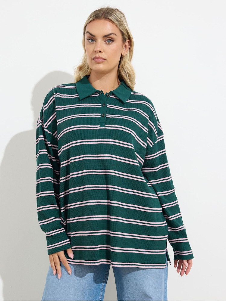Yours Curve Blue Waffle Button Rugby Top - Image 1 of 5 Yours Curve Blue Waffle Button Rugby Top - Image 1 of 5