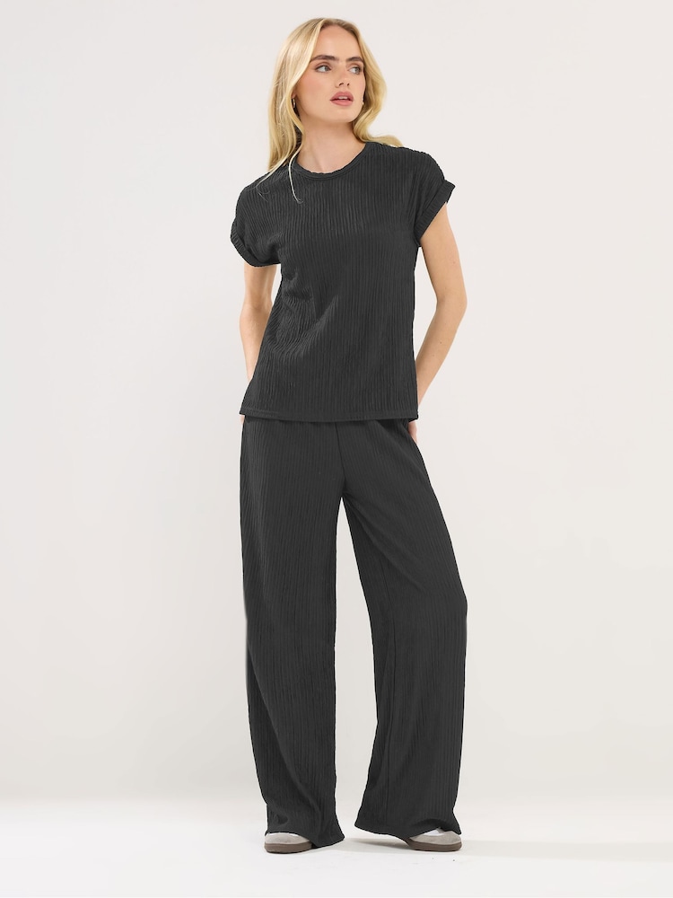 PixieGirl Petite Black Textured Wide Leg Trousers - Image 1 of 5 PixieGirl Petite Black Textured Wide Leg Trousers - Image 1 of 5