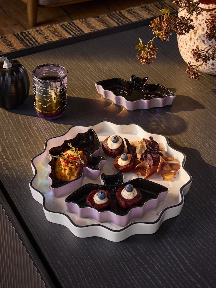 Monochrome Halloween Bat Shaped Chip And Dip Platter - Image 1 of 4 Monochrome Halloween Bat Shaped Chip And Dip Platter - Image 1 of 4