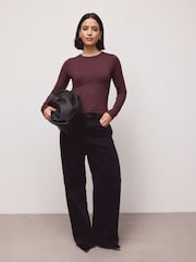 Burgundy Red Soft Touch Slinky Nylon Crew Neck Long Sleeve Top - Image 2 of 5