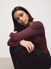 Burgundy Red Soft Touch Slinky Nylon Crew Neck Long Sleeve Top - Image 3 of 5