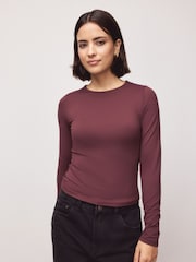 Burgundy Red Soft Touch Slinky Nylon Crew Neck Long Sleeve Top - Image 4 of 5