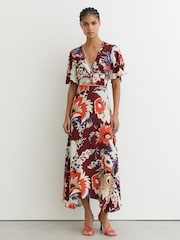 Reiss Burgundy Asha Floral-Print Cut-Out Midi Dress - Image 1 of 7