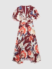 Reiss Burgundy Asha Floral-Print Cut-Out Midi Dress - Image 2 of 7