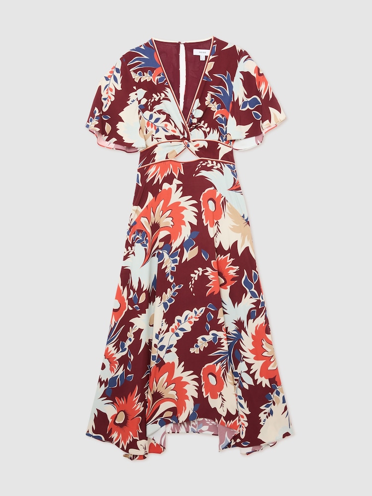 Reiss Burgundy Asha Floral-Print Cut-Out Midi Dress - Image 2 of 7
